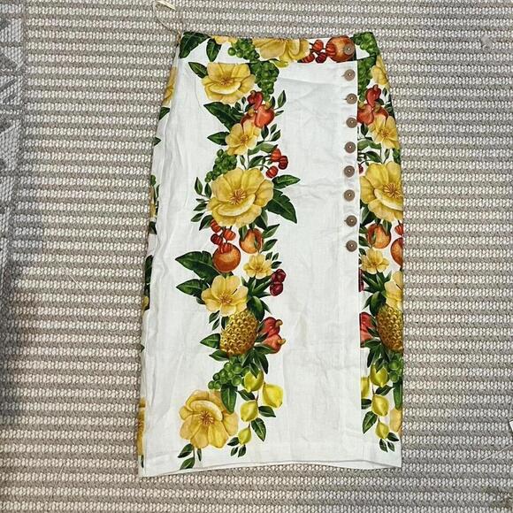 FARM Rio Off-White Picnic Flowers Euroflax Premium Linen Viscose Midi Skirt - Picture 4 of 5